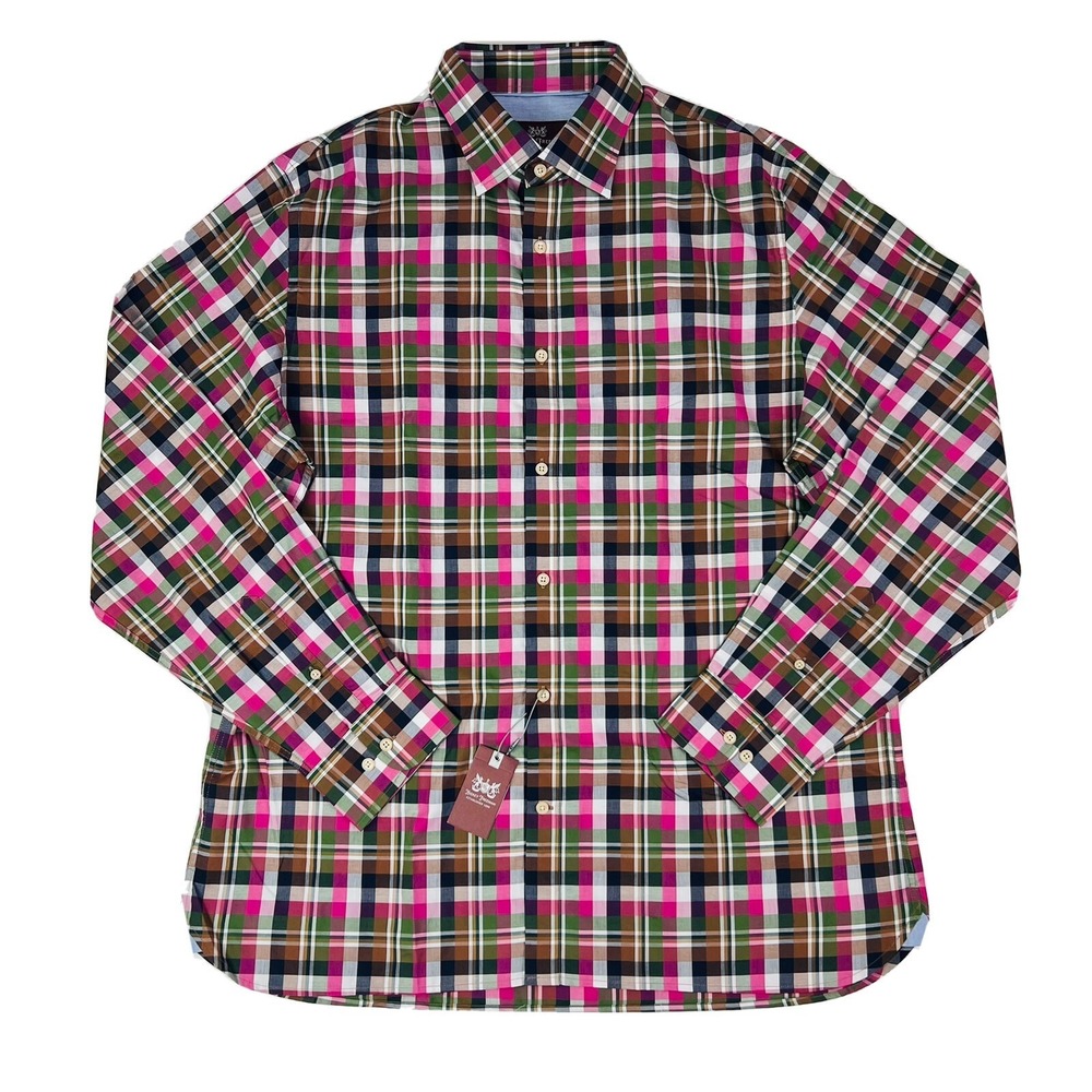 NWT Hickey Freeman Multicolored Plaid L/S Cotton Button Down Mens‎ Size XL